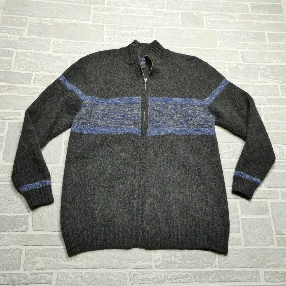 Roots Jeans‎ Wool Sweater Jacket Adult XL Gray Blue Full Zip Mock Neck Mens